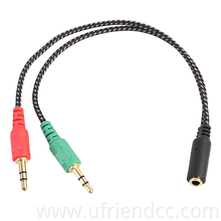 High Quality Durable 3.5mm 2 Male Plug to 1 Female Jack Audio Mic Headset Splitter Auxiliary Cable